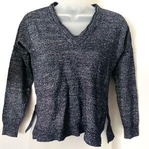 J CREW Merino Linen V Neck Marled Navy Blue Lt Weight Sweater Top Shirt S Small